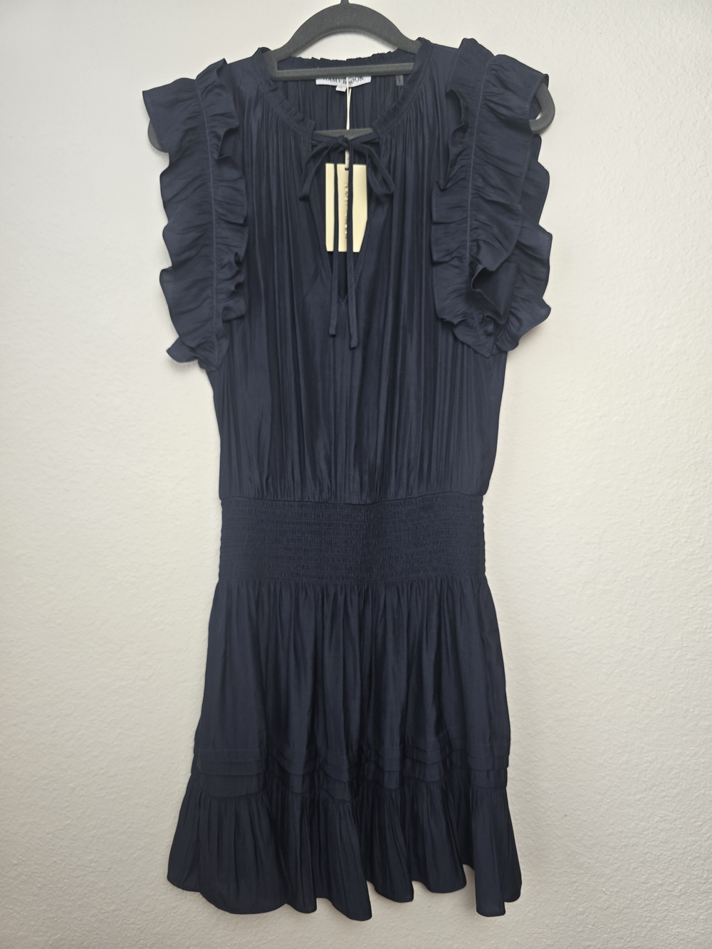 Ramy Brook Navy Ruffle Tie-Neck Smocked-Waist Mini Dress